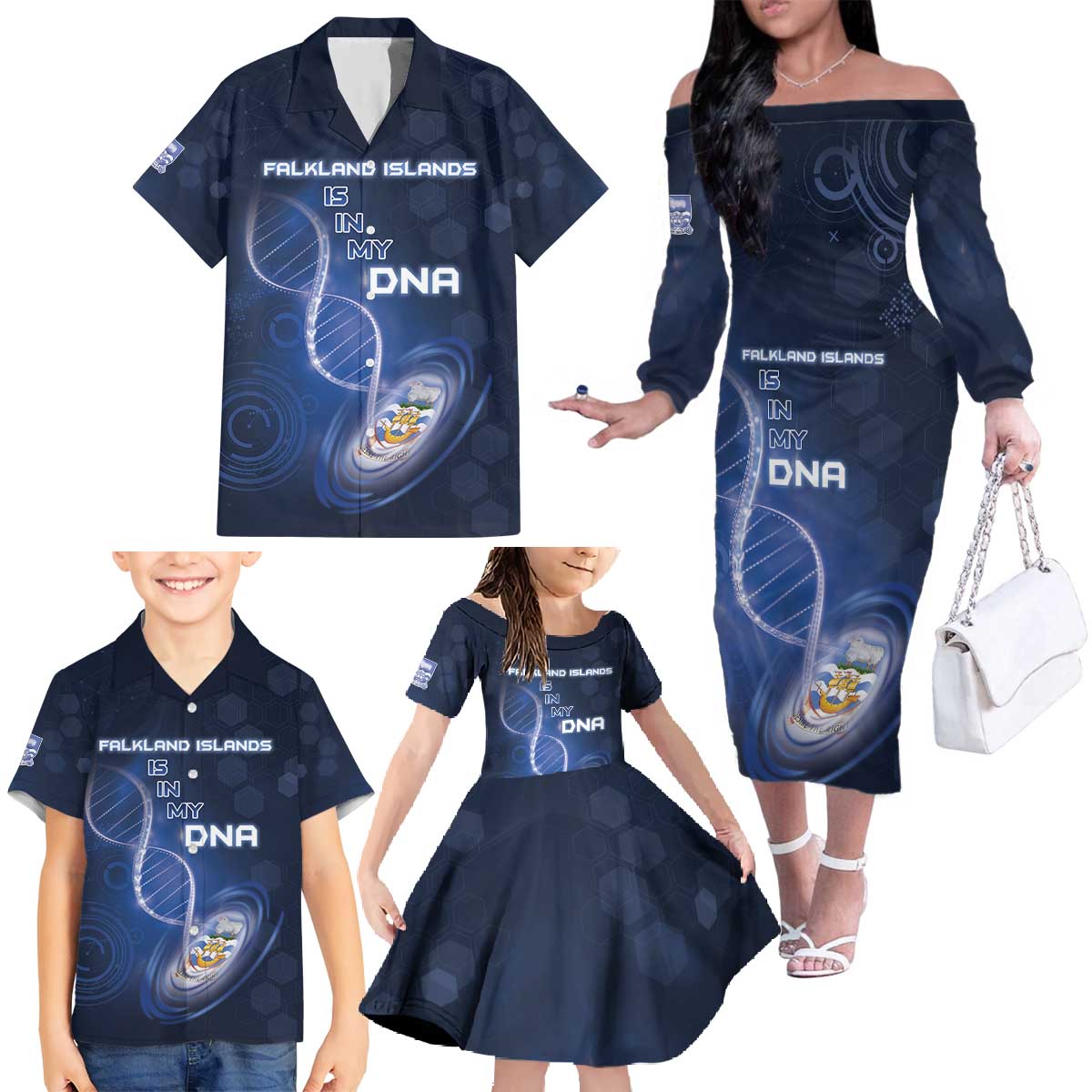 Personalized Falkland Islands Is In My DNA Family Matching Off The Shoulder Long Sleeve Dress and Hawaiian Shirt - Wonder Print Shop