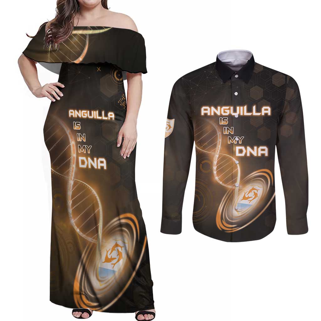 Personalized Anguilla Is In My DNA Couples Matching Off Shoulder Maxi Dress and Long Sleeve Button Shirt - Wonder Print Shop