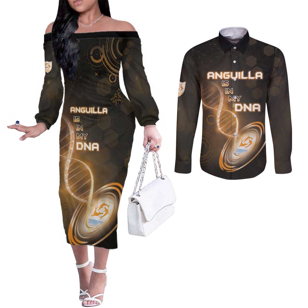 Personalized Anguilla Is In My DNA Couples Matching Off The Shoulder Long Sleeve Dress and Long Sleeve Button Shirt - Wonder Print Shop
