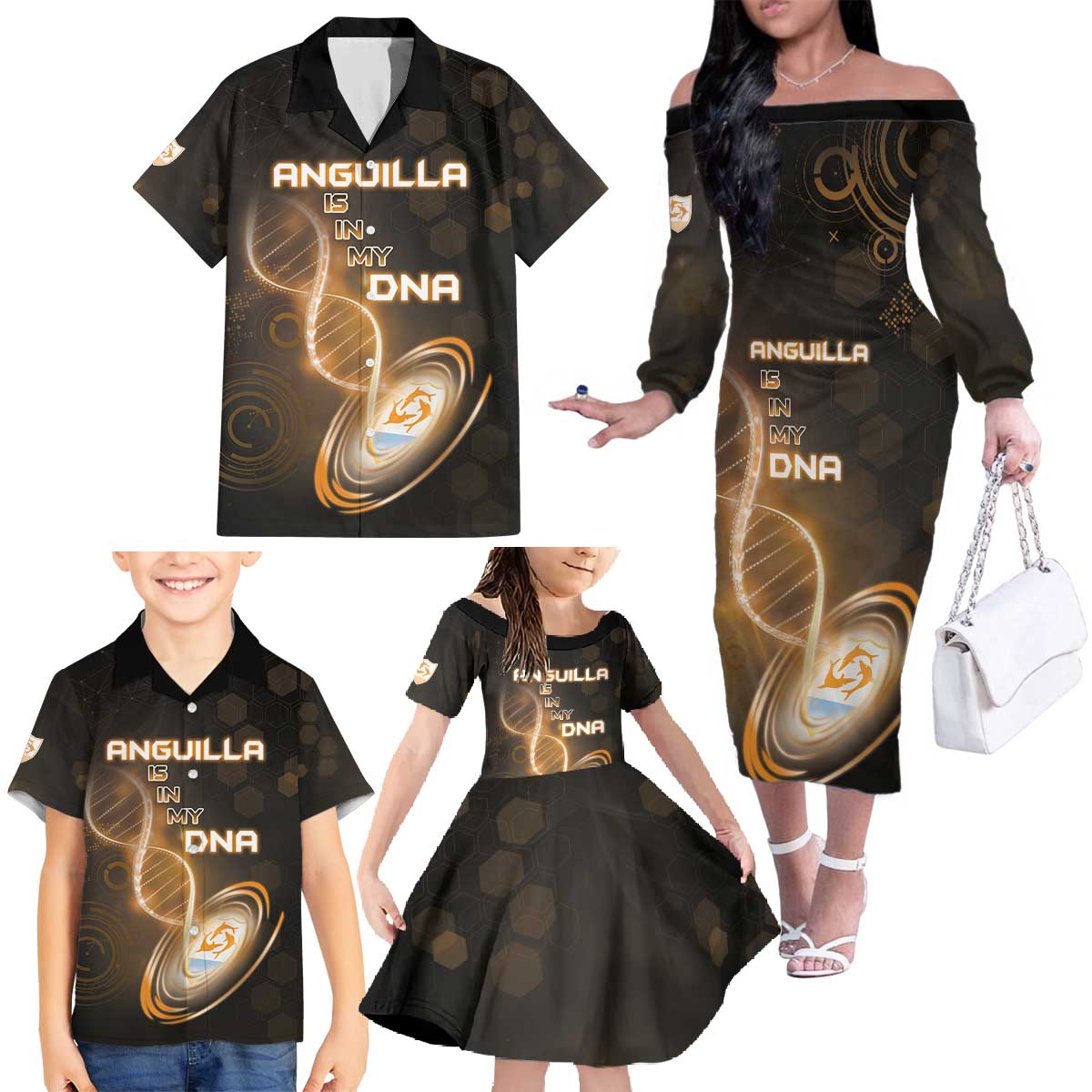Personalized Anguilla Is In My DNA Family Matching Off The Shoulder Long Sleeve Dress and Hawaiian Shirt - Wonder Print Shop