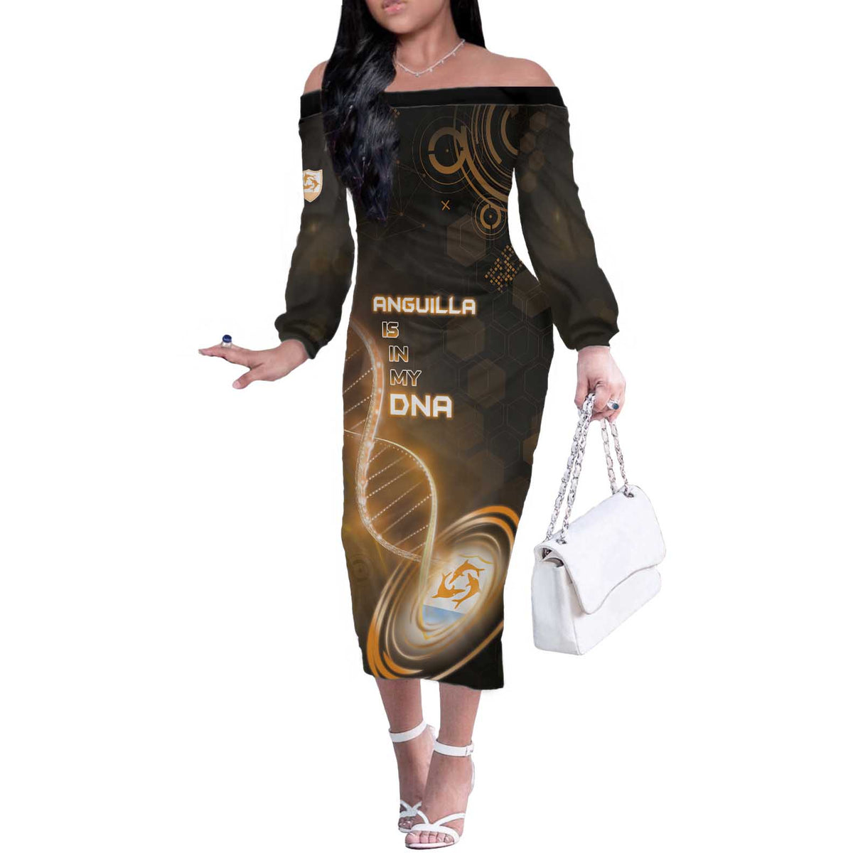 Personalized Anguilla Is In My DNA Off The Shoulder Long Sleeve Dress - Wonder Print Shop