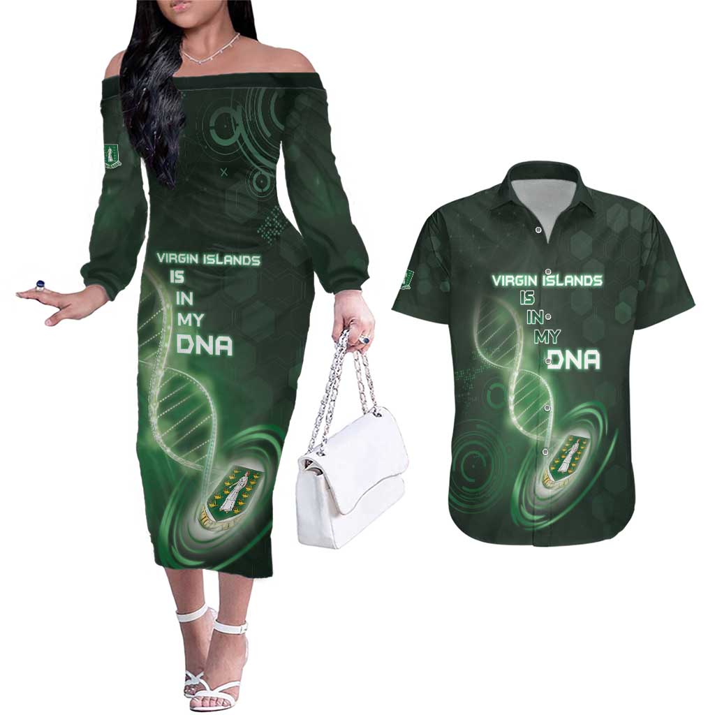 Personalized The British Virgin Islands Is In My DNA Couples Matching Off The Shoulder Long Sleeve Dress and Hawaiian Shirt - Wonder Print Shop