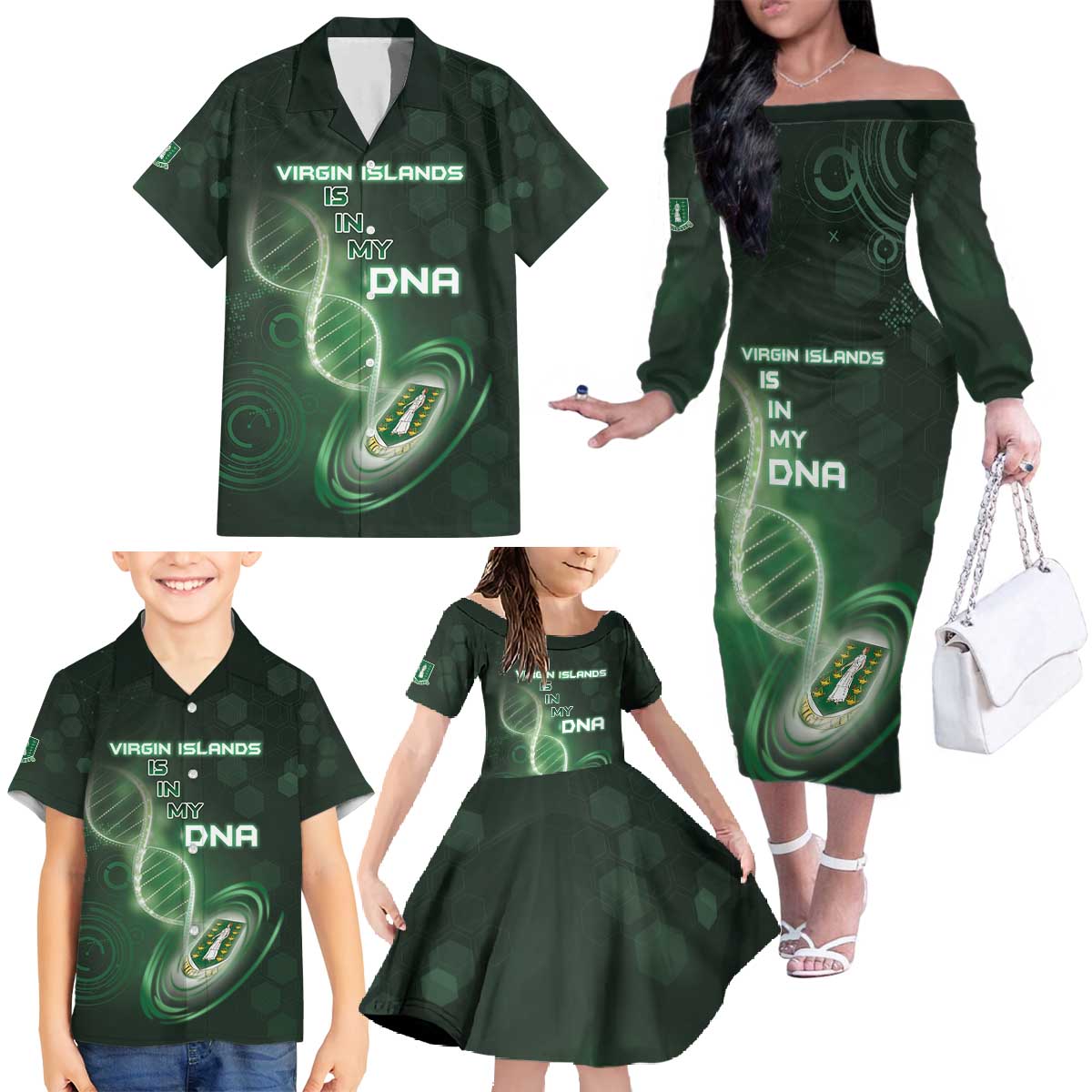 Personalized The British Virgin Islands Is In My DNA Family Matching Off The Shoulder Long Sleeve Dress and Hawaiian Shirt - Wonder Print Shop