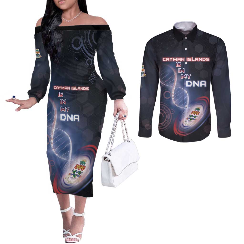 Personalized The Cayman Islands Is In My DNA Couples Matching Off The Shoulder Long Sleeve Dress and Long Sleeve Button Shirt - Wonder Print Shop