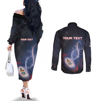 Personalized The Cayman Islands Is In My DNA Couples Matching Off The Shoulder Long Sleeve Dress and Long Sleeve Button Shirt - Wonder Print Shop