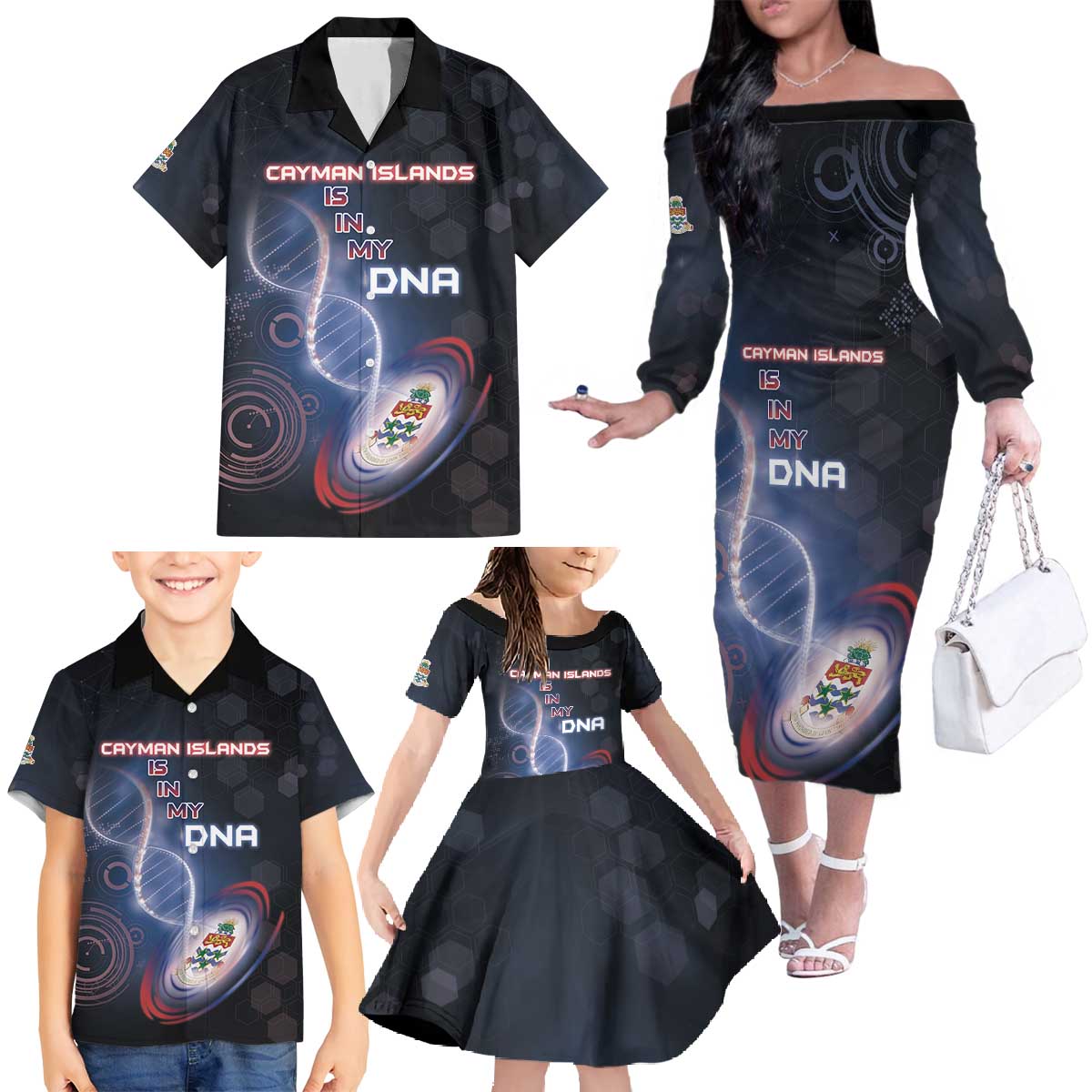 Personalized The Cayman Islands Is In My DNA Family Matching Off The Shoulder Long Sleeve Dress and Hawaiian Shirt - Wonder Print Shop