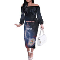 Personalized The Cayman Islands Is In My DNA Family Matching Off The Shoulder Long Sleeve Dress and Hawaiian Shirt - Wonder Print Shop