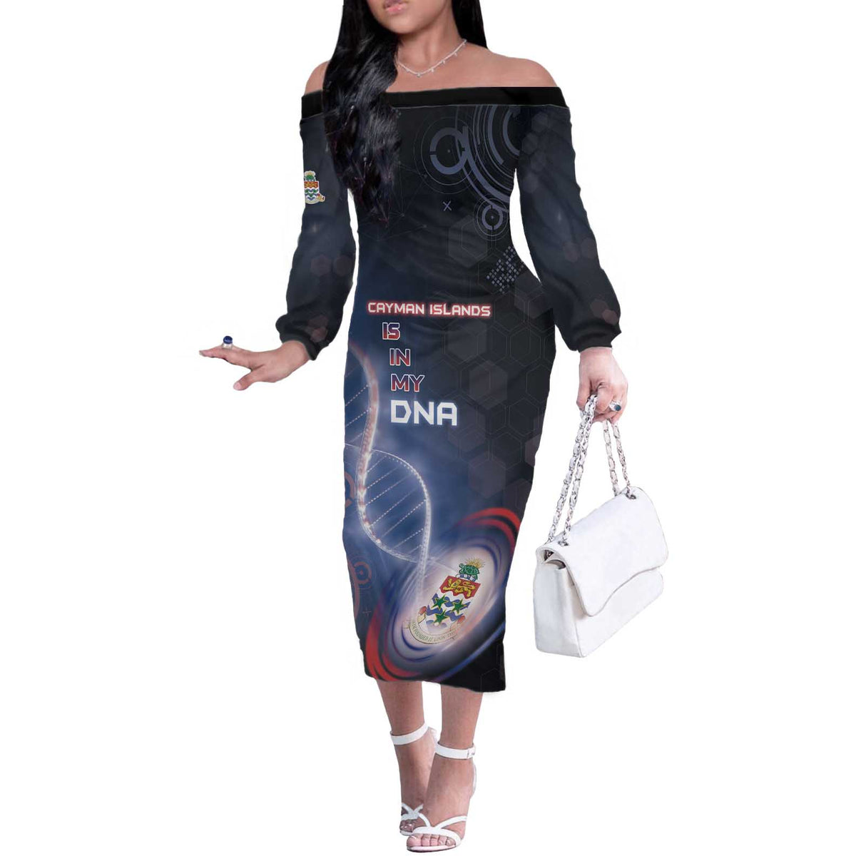 Personalized The Cayman Islands Is In My DNA Off The Shoulder Long Sleeve Dress - Wonder Print Shop