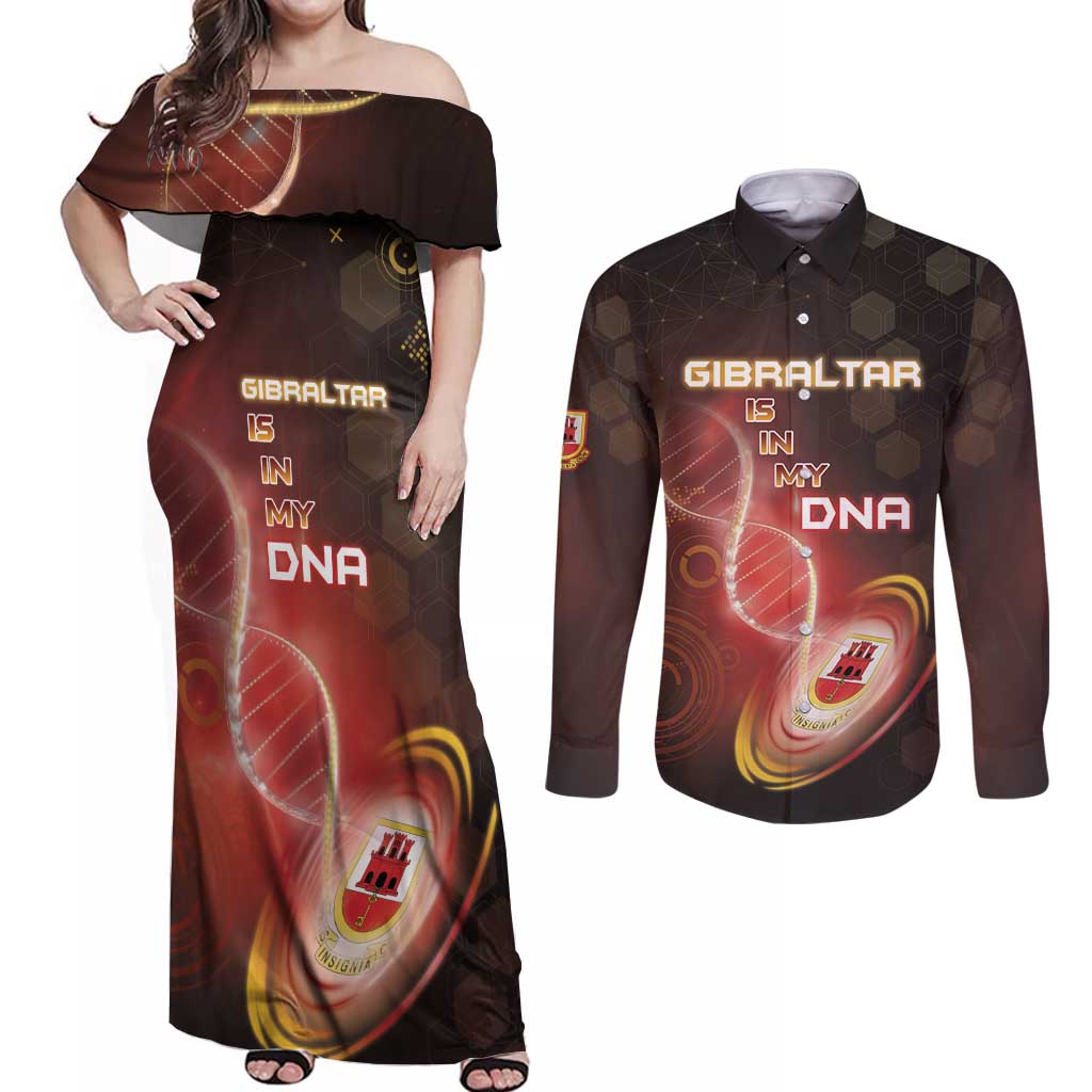 Personalized Gibraltar Is In My DNA Couples Matching Off Shoulder Maxi Dress and Long Sleeve Button Shirt - Wonder Print Shop