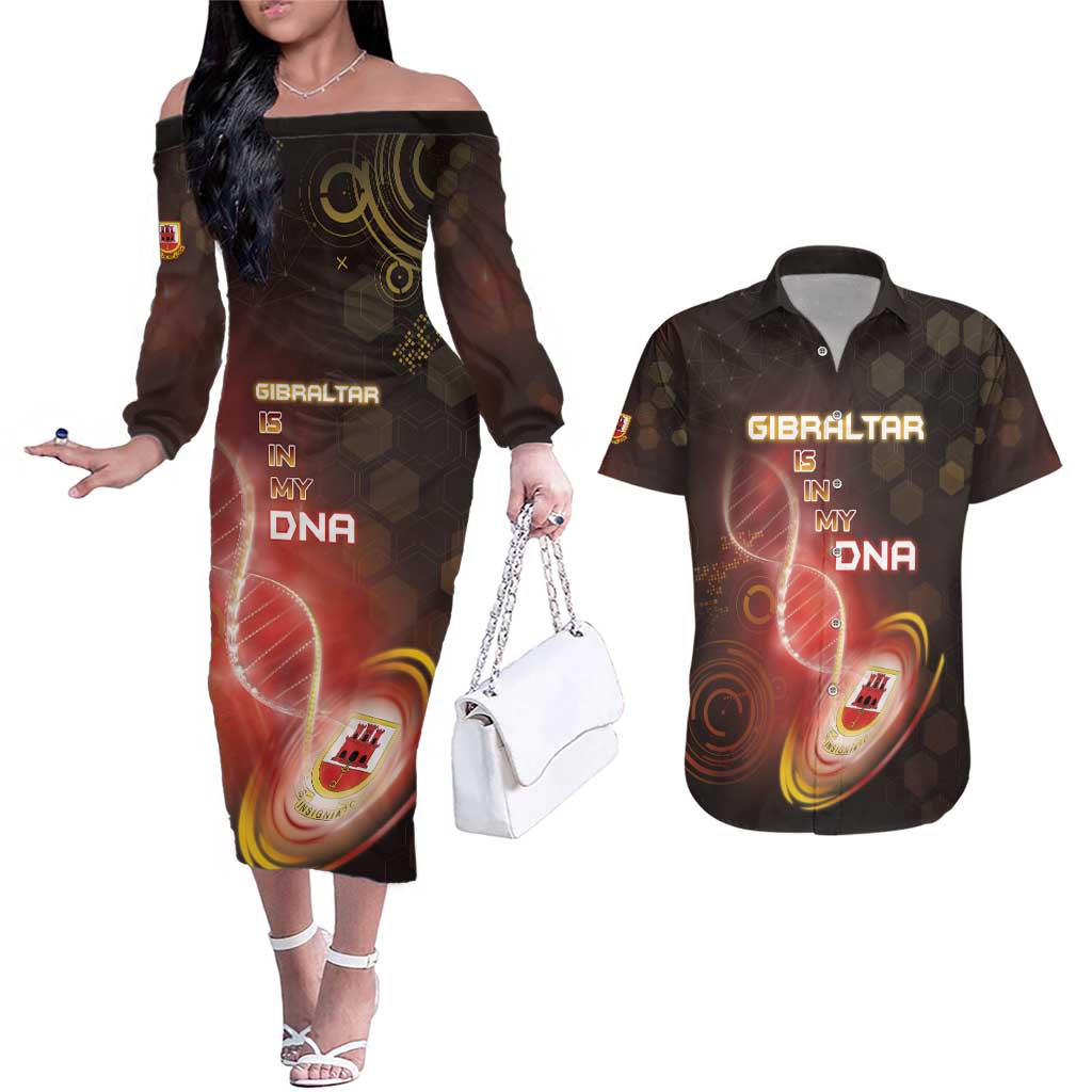 Personalized Gibraltar Is In My DNA Couples Matching Off The Shoulder Long Sleeve Dress and Hawaiian Shirt - Wonder Print Shop