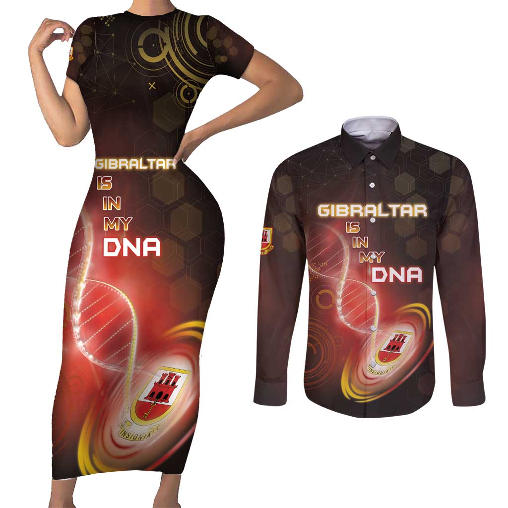 Personalized Gibraltar Is In My DNA Couples Matching Short Sleeve Bodycon Dress and Long Sleeve Button Shirt - Wonder Print Shop