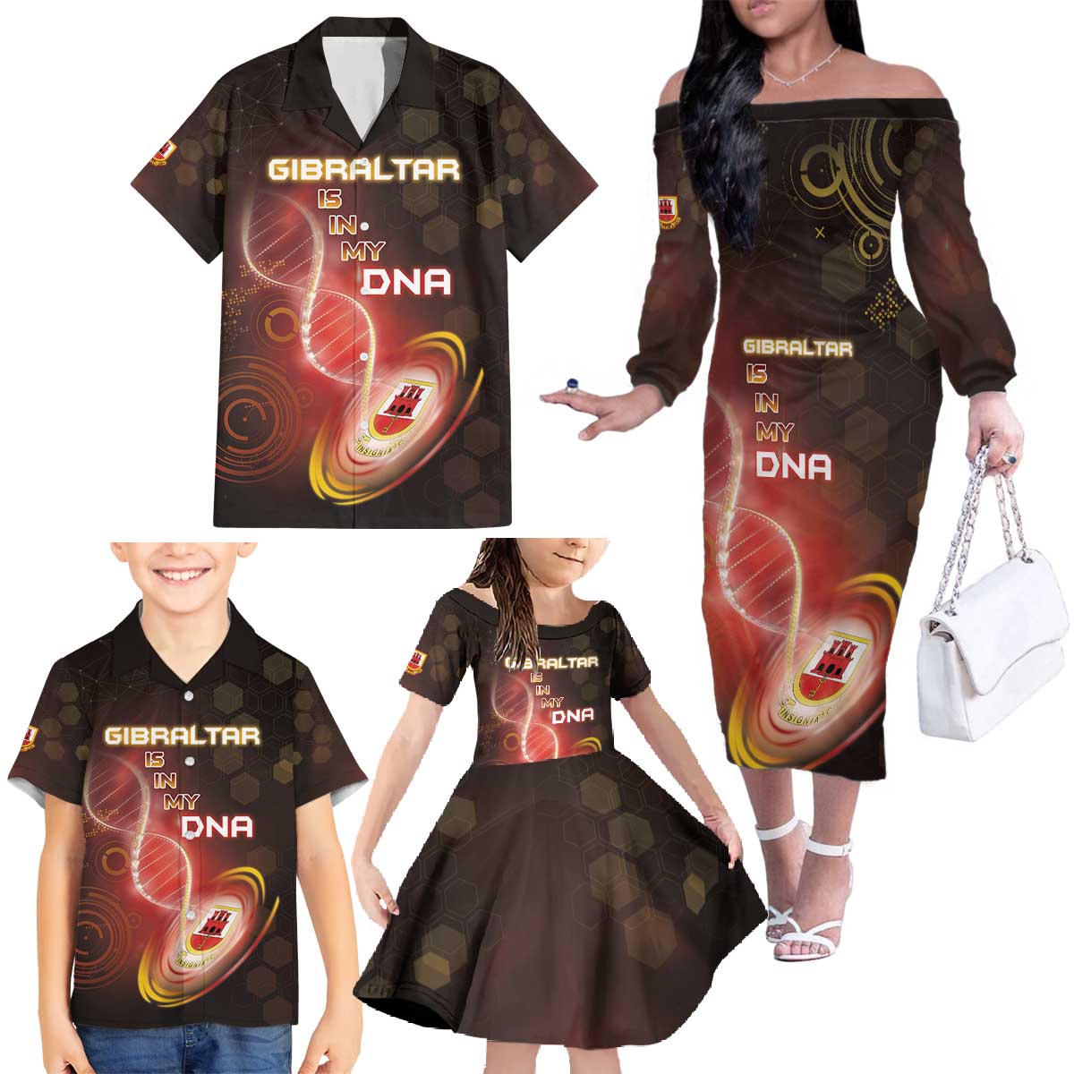 Personalized Gibraltar Is In My DNA Family Matching Off The Shoulder Long Sleeve Dress and Hawaiian Shirt - Wonder Print Shop