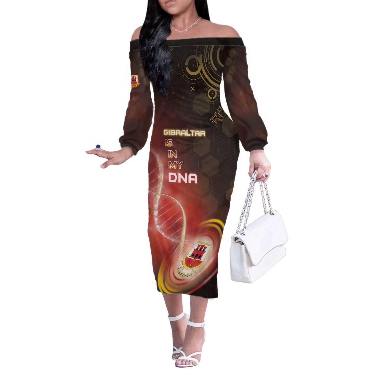 Personalized Gibraltar Is In My DNA Family Matching Off The Shoulder Long Sleeve Dress and Hawaiian Shirt - Wonder Print Shop