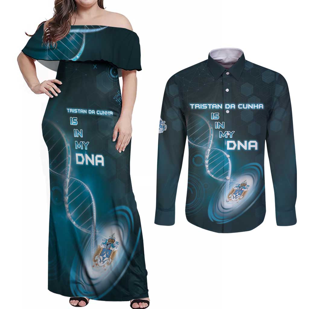Personalized Tristan Da Cunha Is In My DNA Couples Matching Off Shoulder Maxi Dress and Long Sleeve Button Shirt - Wonder Print Shop