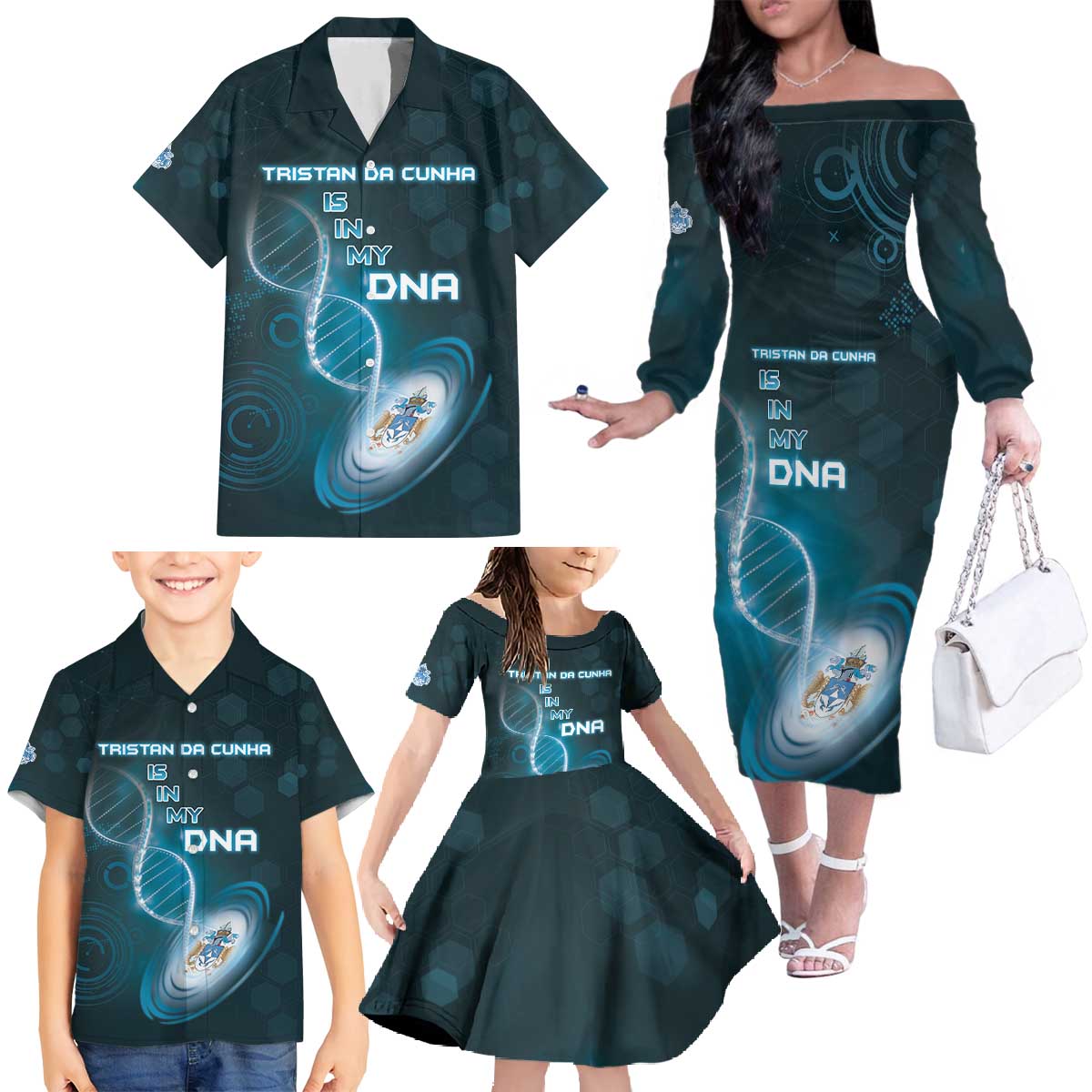 Personalized Tristan Da Cunha Is In My DNA Family Matching Off The Shoulder Long Sleeve Dress and Hawaiian Shirt - Wonder Print Shop