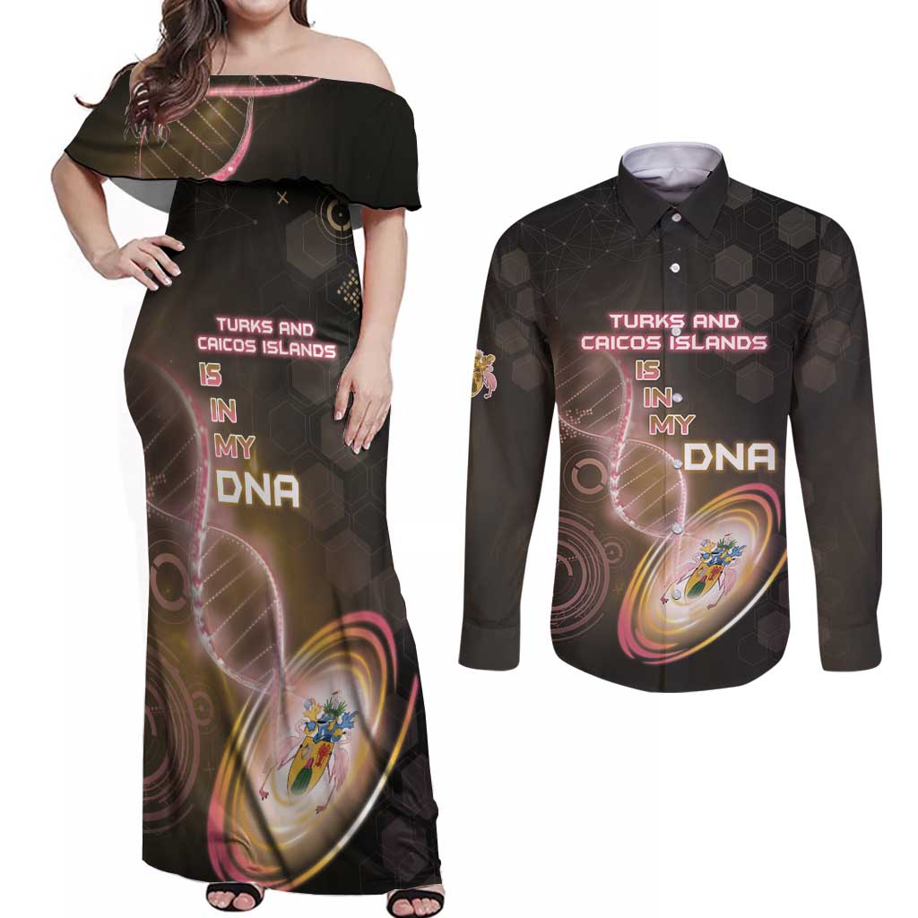Personalized Turks And Caicos Islands Is In My DNA Couples Matching Off Shoulder Maxi Dress and Long Sleeve Button Shirt - Wonder Print Shop
