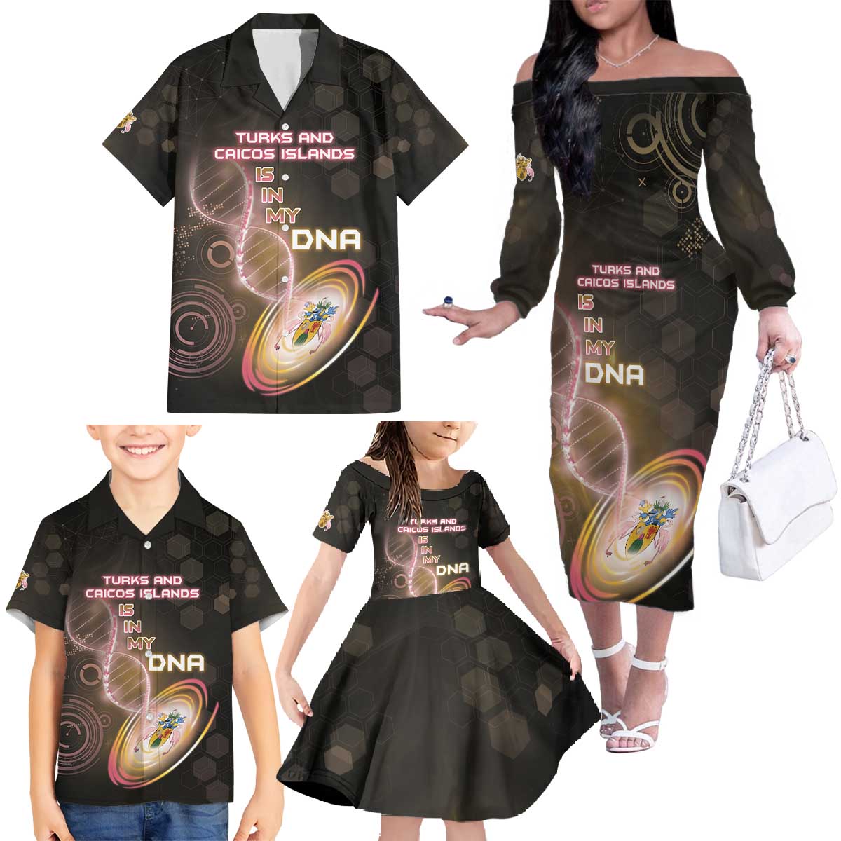 Personalized Turks And Caicos Islands Is In My DNA Family Matching Off The Shoulder Long Sleeve Dress and Hawaiian Shirt - Wonder Print Shop
