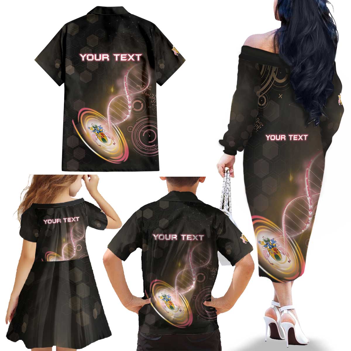 Personalized Turks And Caicos Islands Is In My DNA Family Matching Off The Shoulder Long Sleeve Dress and Hawaiian Shirt - Wonder Print Shop