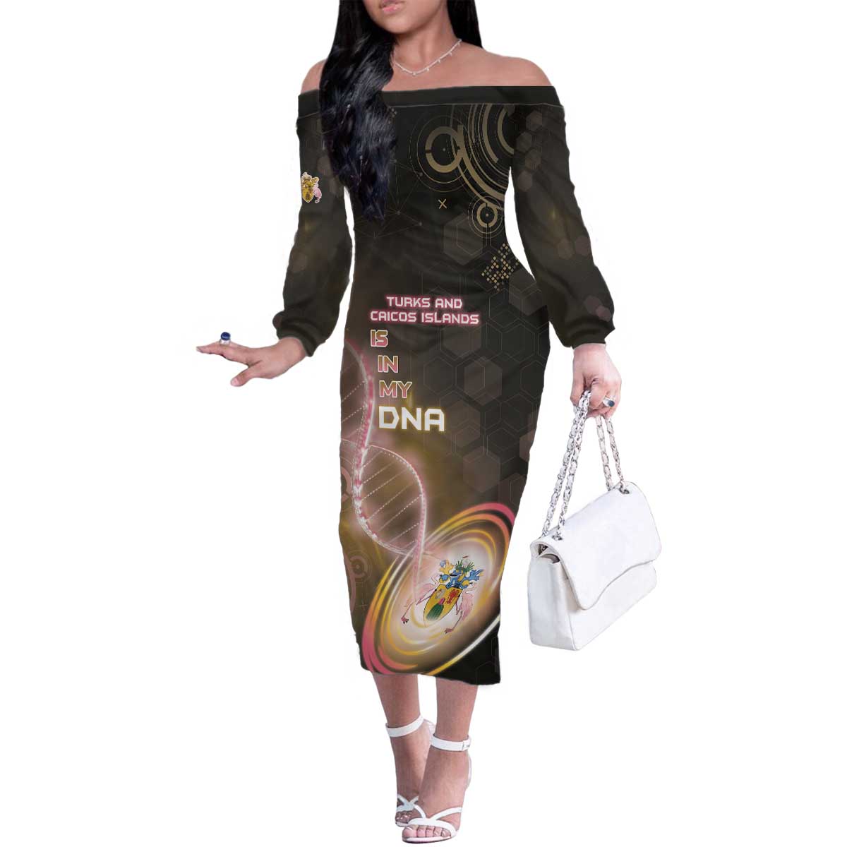 Personalized Turks And Caicos Islands Is In My DNA Family Matching Off The Shoulder Long Sleeve Dress and Hawaiian Shirt - Wonder Print Shop