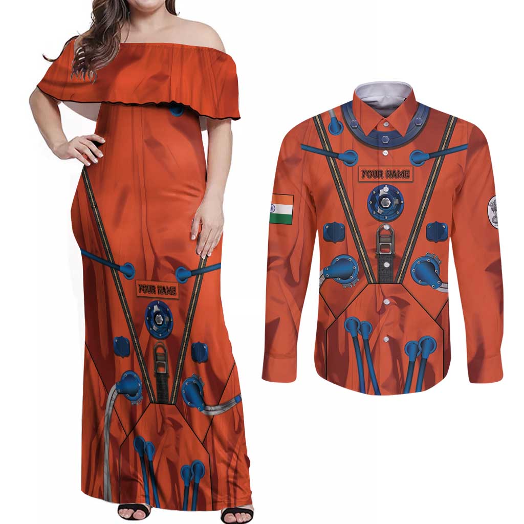 Personalized Astronaut Couples Matching Off Shoulder Maxi Dress and Long Sleeve Button Shirt Space Diving Suit India - Wonder Print Shop