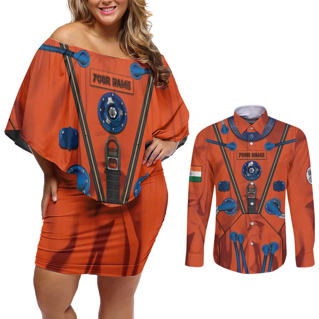Personalized Astronaut Couples Matching Off Shoulder Short Dress and Long Sleeve Button Shirt Space Diving Suit India - Wonder Print Shop