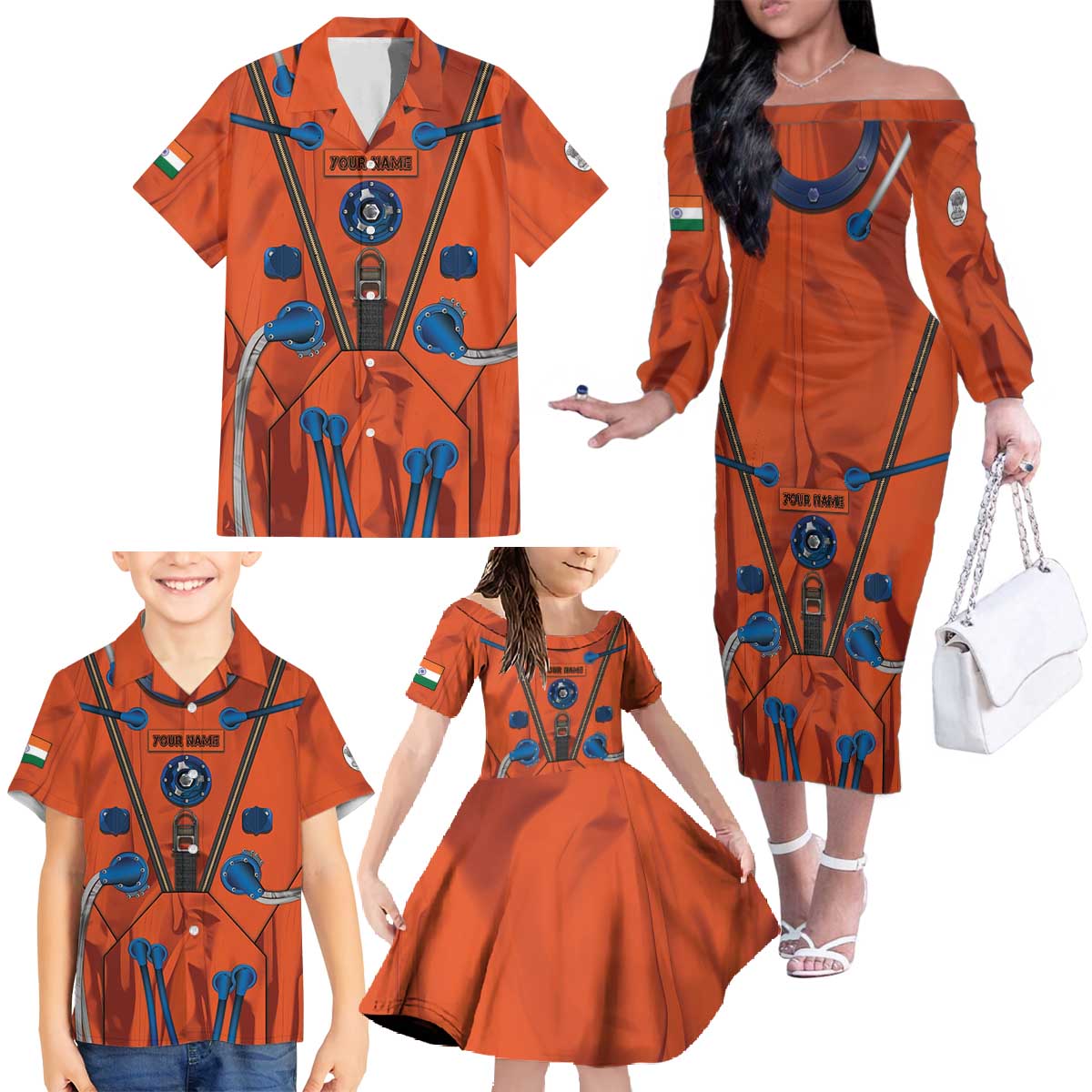 Personalized Astronaut Family Matching Off The Shoulder Long Sleeve Dress and Hawaiian Shirt Space Diving Suit India - Wonder Print Shop