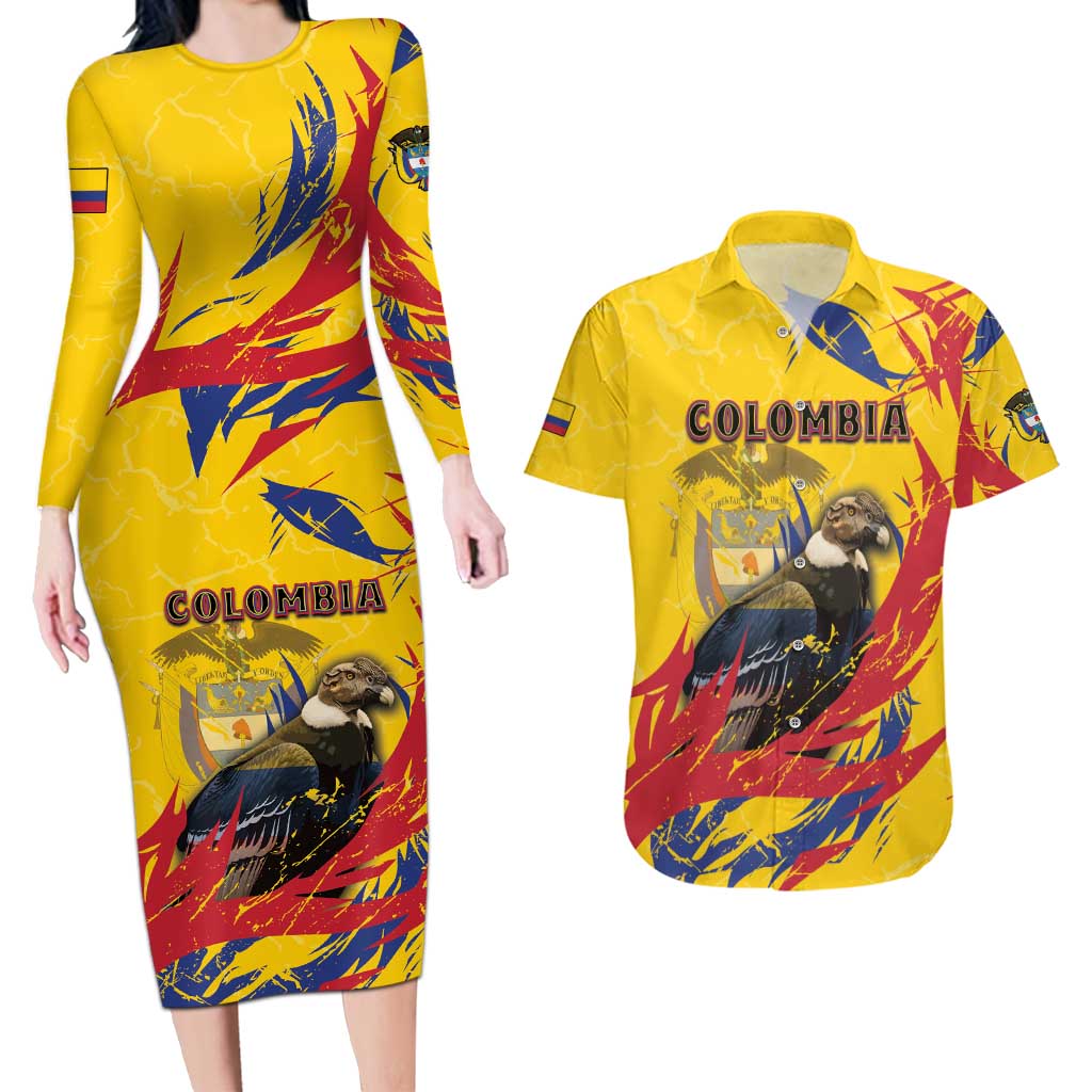 Personalized Colombia Couples Matching Long Sleeve Bodycon Dress and Hawaiian Shirt Colombian Andean Condor With Coat Of Arms - Wonder Print Shop