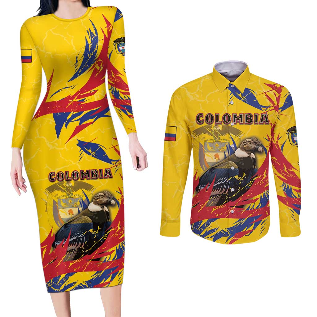 Personalized Colombia Couples Matching Long Sleeve Bodycon Dress and Long Sleeve Button Shirt Colombian Andean Condor With Coat Of Arms - Wonder Print Shop