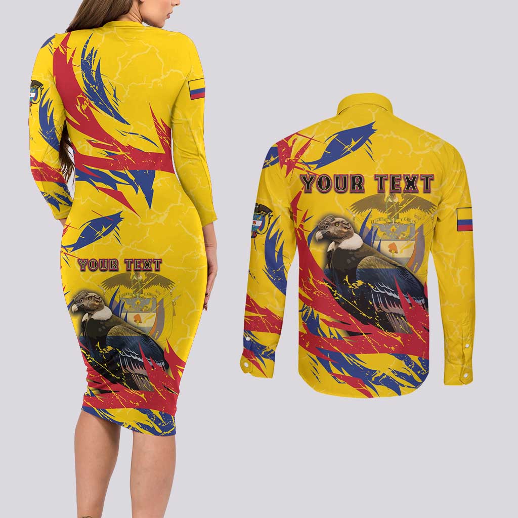 Personalized Colombia Couples Matching Long Sleeve Bodycon Dress and Long Sleeve Button Shirt Colombian Andean Condor With Coat Of Arms - Wonder Print Shop