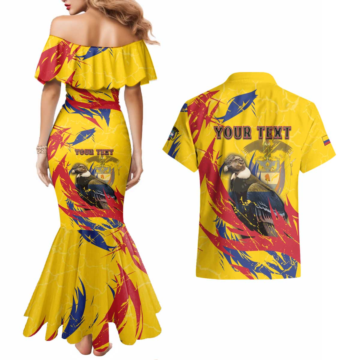 Personalized Colombia Couples Matching Mermaid Dress and Hawaiian Shirt Colombian Andean Condor With Coat Of Arms - Wonder Print Shop