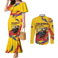 Personalized Colombia Couples Matching Mermaid Dress and Long Sleeve Button Shirt Colombian Andean Condor With Coat Of Arms - Wonder Print Shop