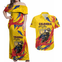 Personalized Colombia Couples Matching Off Shoulder Maxi Dress and Hawaiian Shirt Colombian Andean Condor With Coat Of Arms - Wonder Print Shop