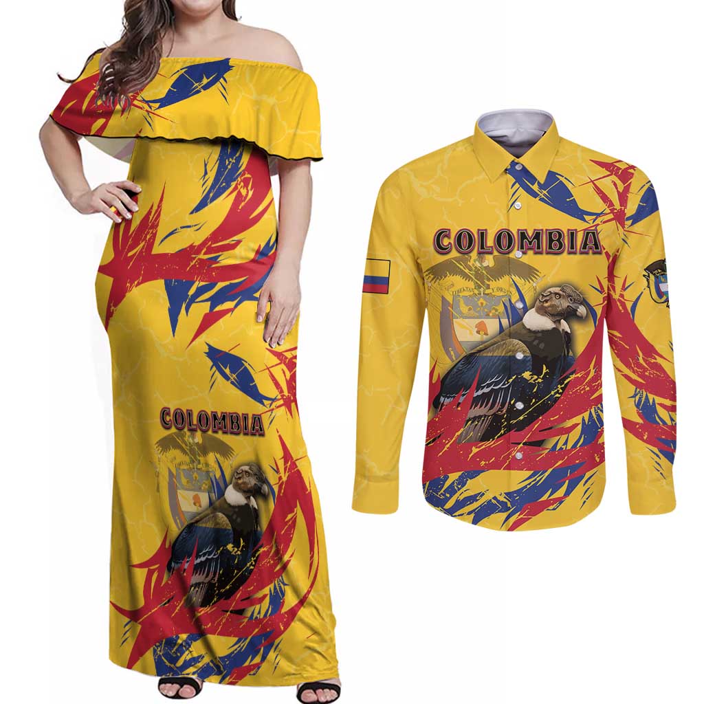 Personalized Colombia Couples Matching Off Shoulder Maxi Dress and Long Sleeve Button Shirt Colombian Andean Condor With Coat Of Arms - Wonder Print Shop