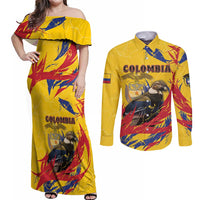Personalized Colombia Couples Matching Off Shoulder Maxi Dress and Long Sleeve Button Shirt Colombian Andean Condor With Coat Of Arms - Wonder Print Shop