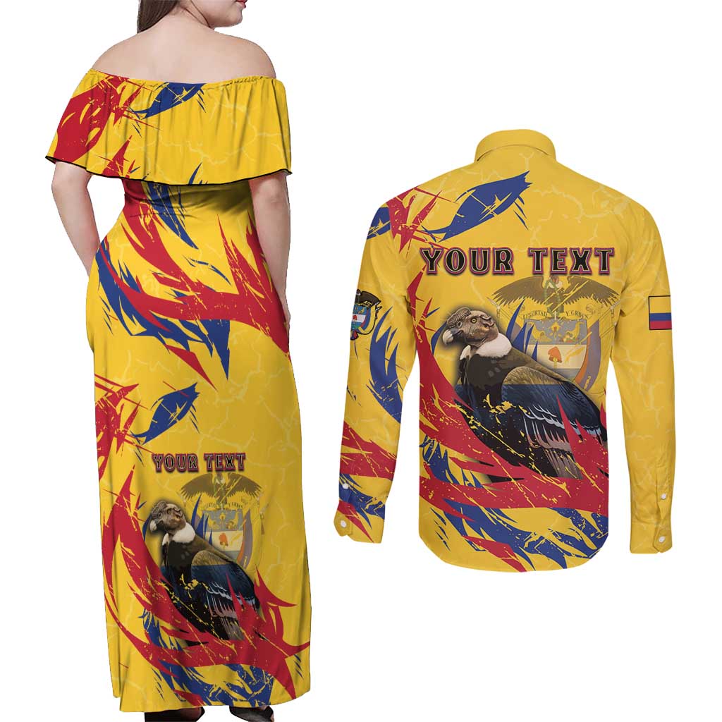 Personalized Colombia Couples Matching Off Shoulder Maxi Dress and Long Sleeve Button Shirt Colombian Andean Condor With Coat Of Arms - Wonder Print Shop
