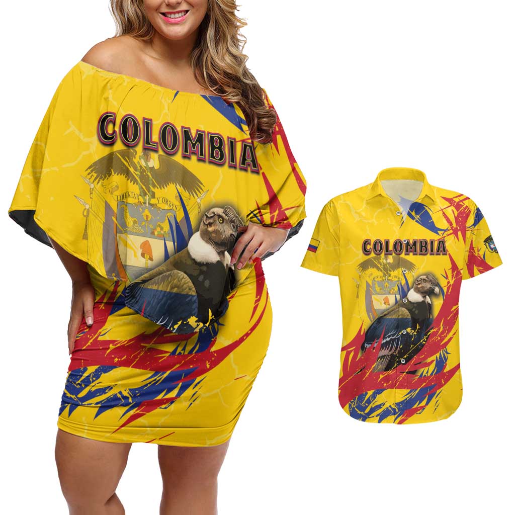 Personalized Colombia Couples Matching Off Shoulder Short Dress and Hawaiian Shirt Colombian Andean Condor With Coat Of Arms - Wonder Print Shop