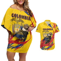 Personalized Colombia Couples Matching Off Shoulder Short Dress and Hawaiian Shirt Colombian Andean Condor With Coat Of Arms - Wonder Print Shop