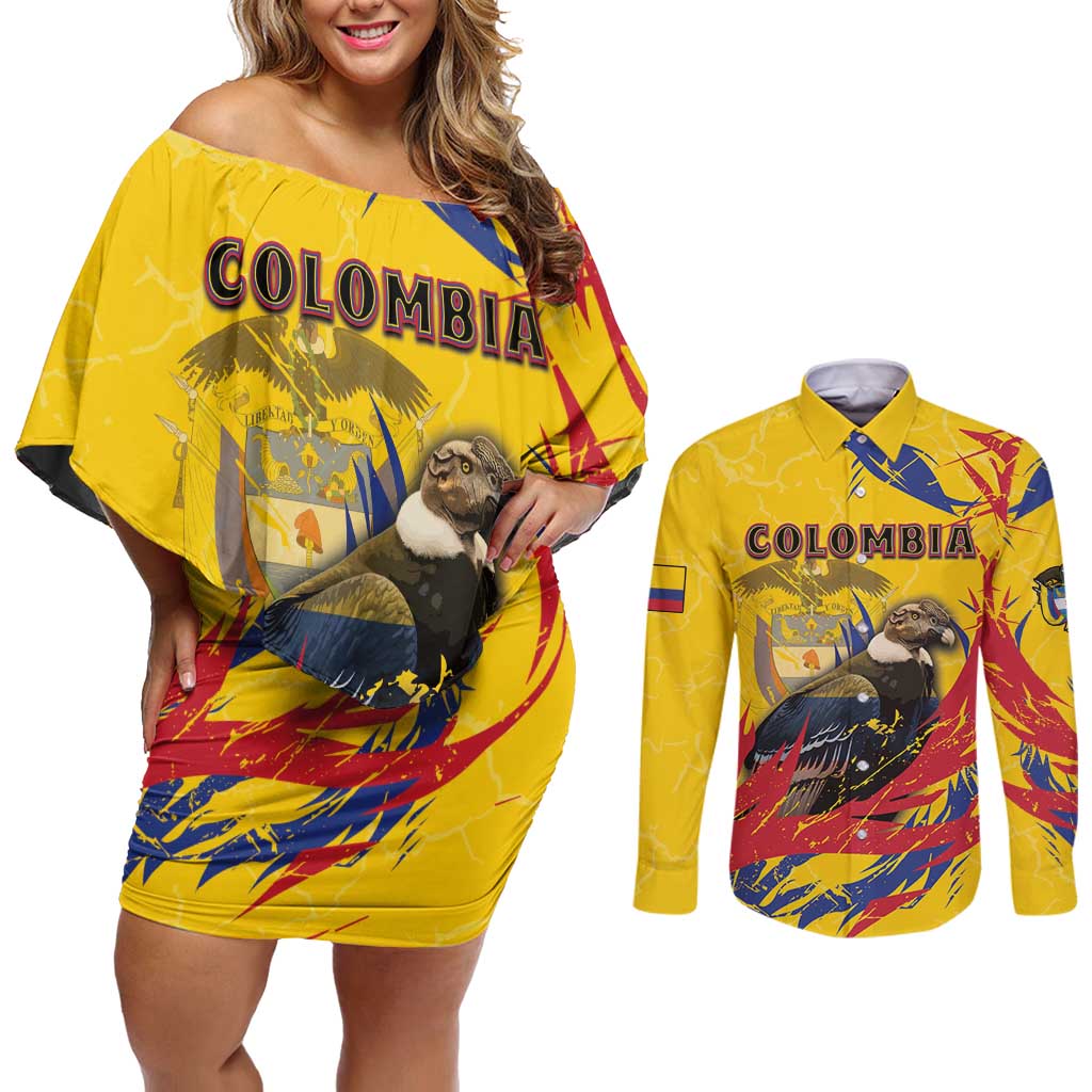 Personalized Colombia Couples Matching Off Shoulder Short Dress and Long Sleeve Button Shirt Colombian Andean Condor With Coat Of Arms - Wonder Print Shop