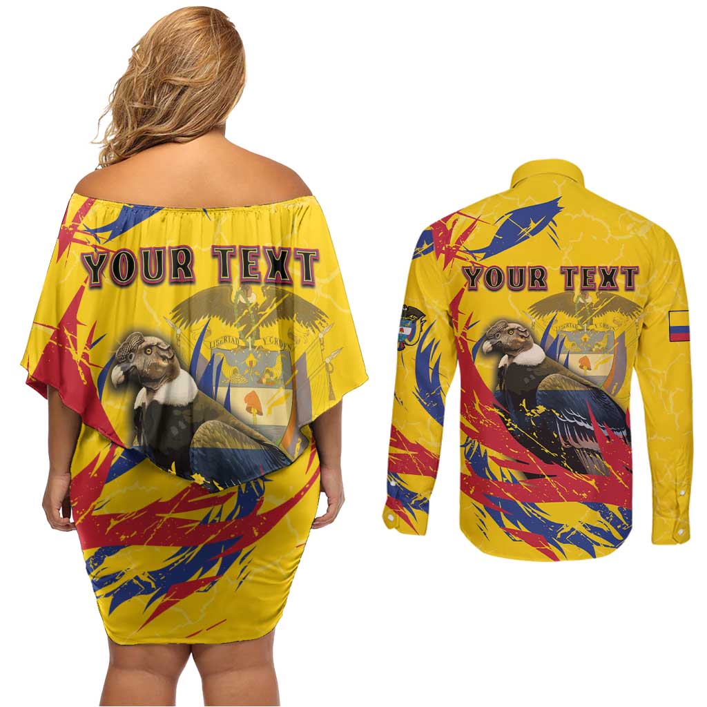 Personalized Colombia Couples Matching Off Shoulder Short Dress and Long Sleeve Button Shirt Colombian Andean Condor With Coat Of Arms - Wonder Print Shop