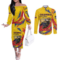 Personalized Colombia Couples Matching Off The Shoulder Long Sleeve Dress and Long Sleeve Button Shirt Colombian Andean Condor With Coat Of Arms - Wonder Print Shop
