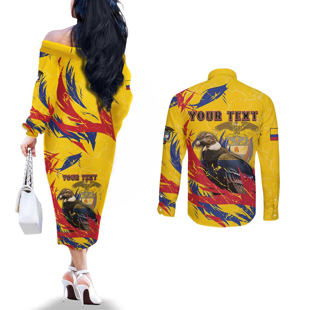 Personalized Colombia Couples Matching Off The Shoulder Long Sleeve Dress and Long Sleeve Button Shirt Colombian Andean Condor With Coat Of Arms - Wonder Print Shop