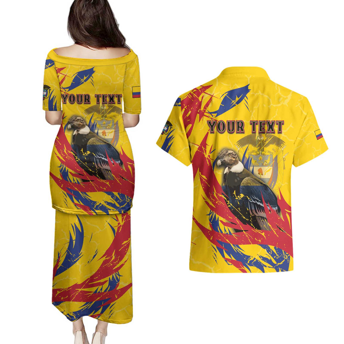 Personalized Colombia Couples Matching Puletasi and Hawaiian Shirt Colombian Andean Condor With Coat Of Arms - Wonder Print Shop