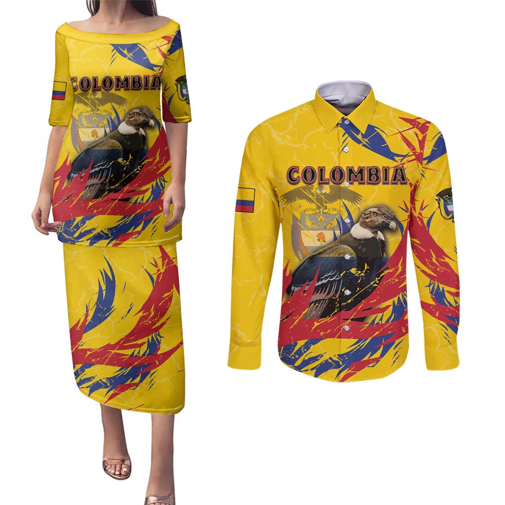 Personalized Colombia Couples Matching Puletasi and Long Sleeve Button Shirt Colombian Andean Condor With Coat Of Arms - Wonder Print Shop
