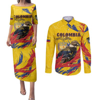 Personalized Colombia Couples Matching Puletasi and Long Sleeve Button Shirt Colombian Andean Condor With Coat Of Arms - Wonder Print Shop