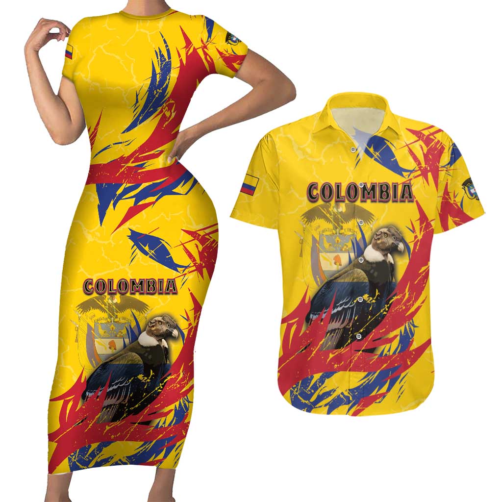 Personalized Colombia Couples Matching Short Sleeve Bodycon Dress and Hawaiian Shirt Colombian Andean Condor With Coat Of Arms - Wonder Print Shop