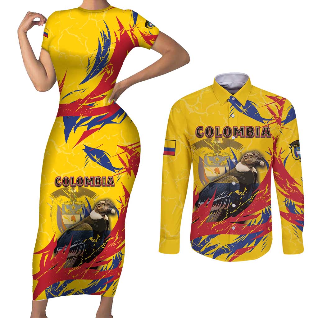 Personalized Colombia Couples Matching Short Sleeve Bodycon Dress and Long Sleeve Button Shirt Colombian Andean Condor With Coat Of Arms - Wonder Print Shop