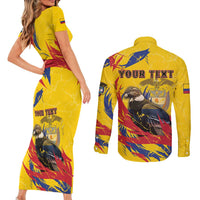 Personalized Colombia Couples Matching Short Sleeve Bodycon Dress and Long Sleeve Button Shirt Colombian Andean Condor With Coat Of Arms - Wonder Print Shop