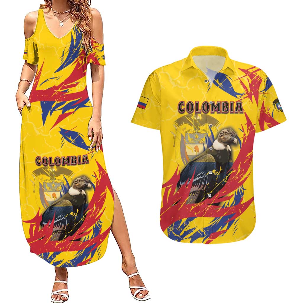 Personalized Colombia Couples Matching Summer Maxi Dress and Hawaiian Shirt Colombian Andean Condor With Coat Of Arms - Wonder Print Shop