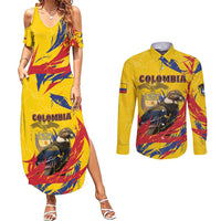 Personalized Colombia Couples Matching Summer Maxi Dress and Long Sleeve Button Shirt Colombian Andean Condor With Coat Of Arms - Wonder Print Shop