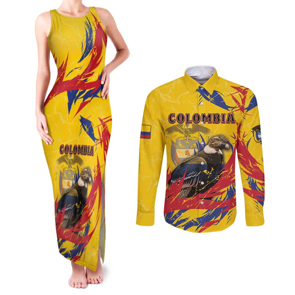 Personalized Colombia Couples Matching Tank Maxi Dress and Long Sleeve Button Shirt Colombian Andean Condor With Coat Of Arms - Wonder Print Shop